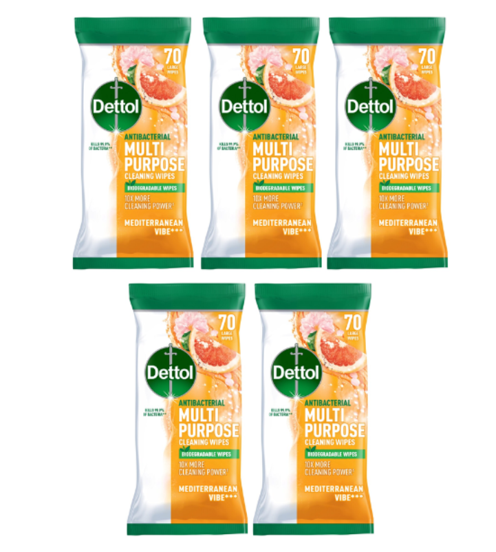 Dettol Multipurpose Cleaning Wipes Mediterranean 70 Wipes x5 Packs